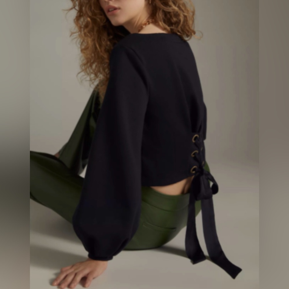 Anthropologie Maeve Black Balloon Sleeve Tie Back Corset Sweatshirt Top Sz M